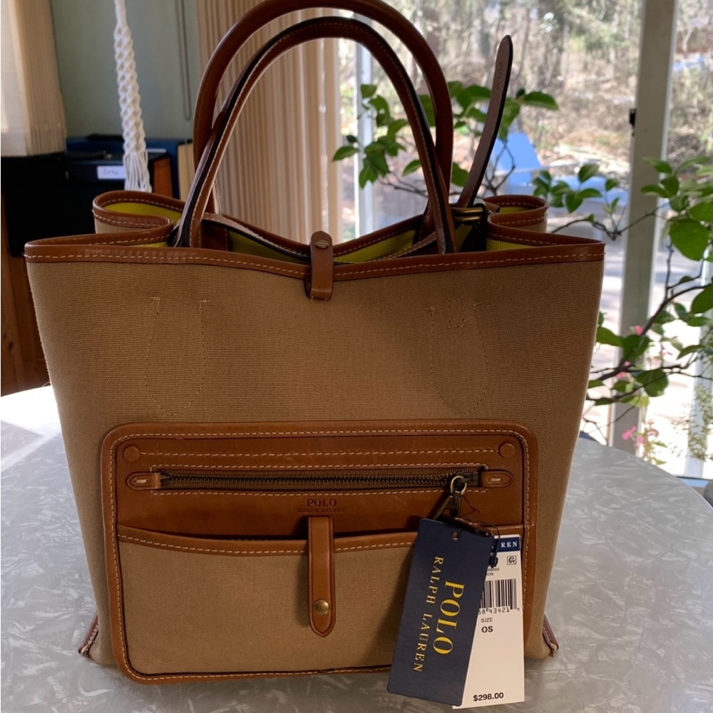 NWT Polo by Ralph Lauren Reversible Citron Yellow / Saddle Brown Tote Bag. - Picture 4 of 16